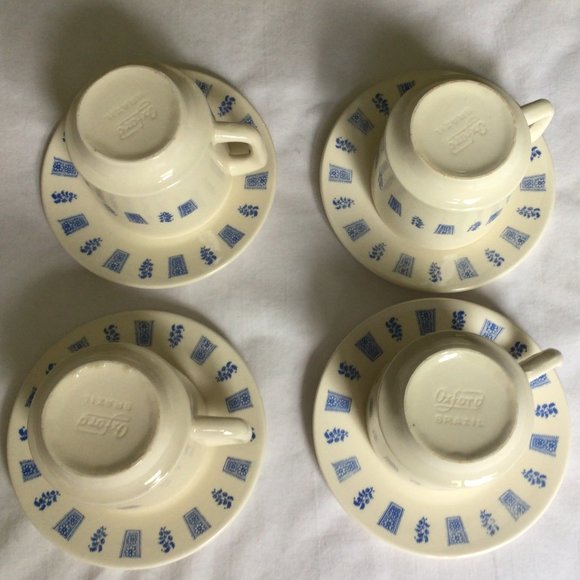 Set of Four Cream colored Mugs and Saucers with blue print design - Picture 4 of 8